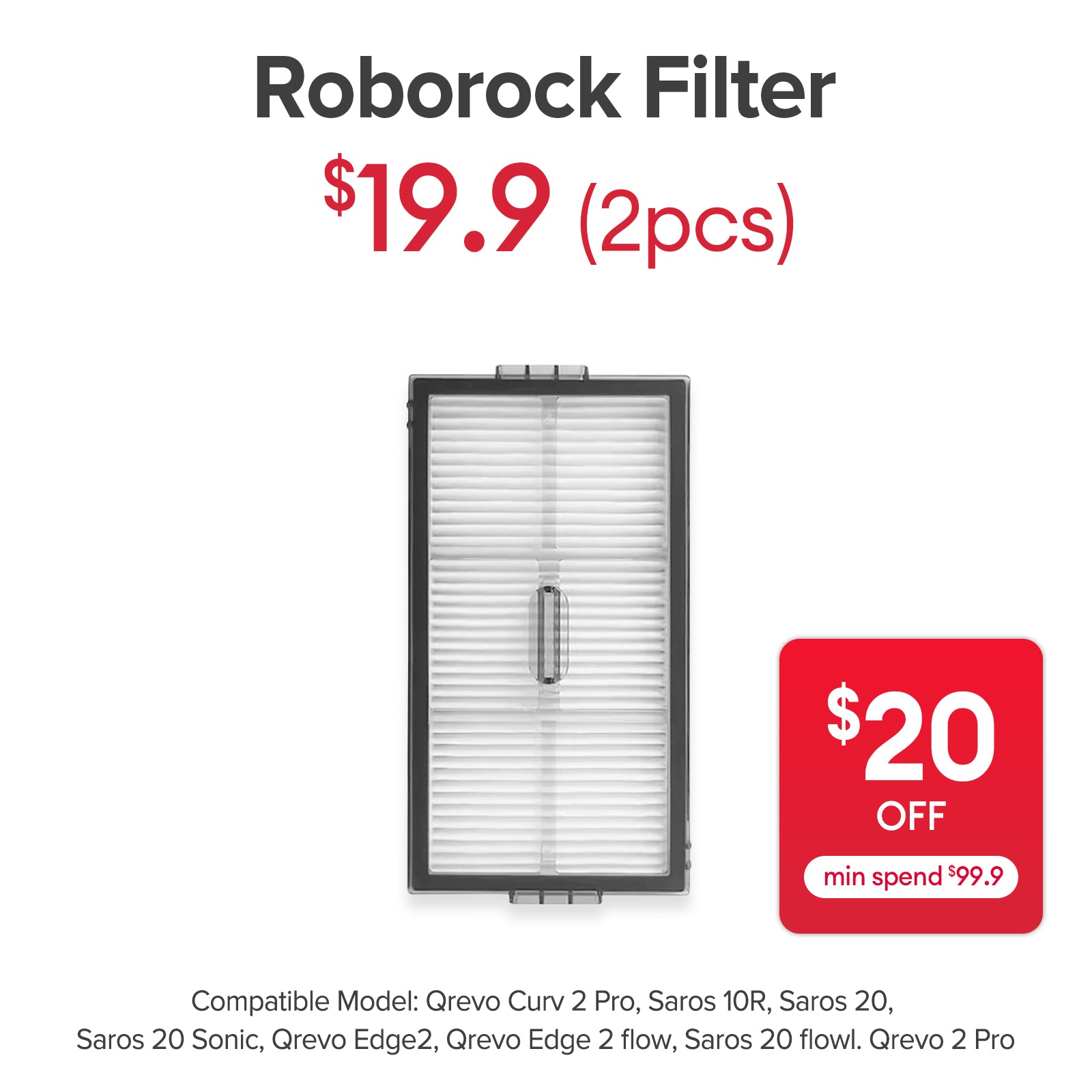 Filter for Roborock Saros 10R , Qrevo Curv 2 Pro, Saros 20, Saros 20 R&D, Saros 20 Sonic, Qrevo Edge 2, Qrevo 2 Pro