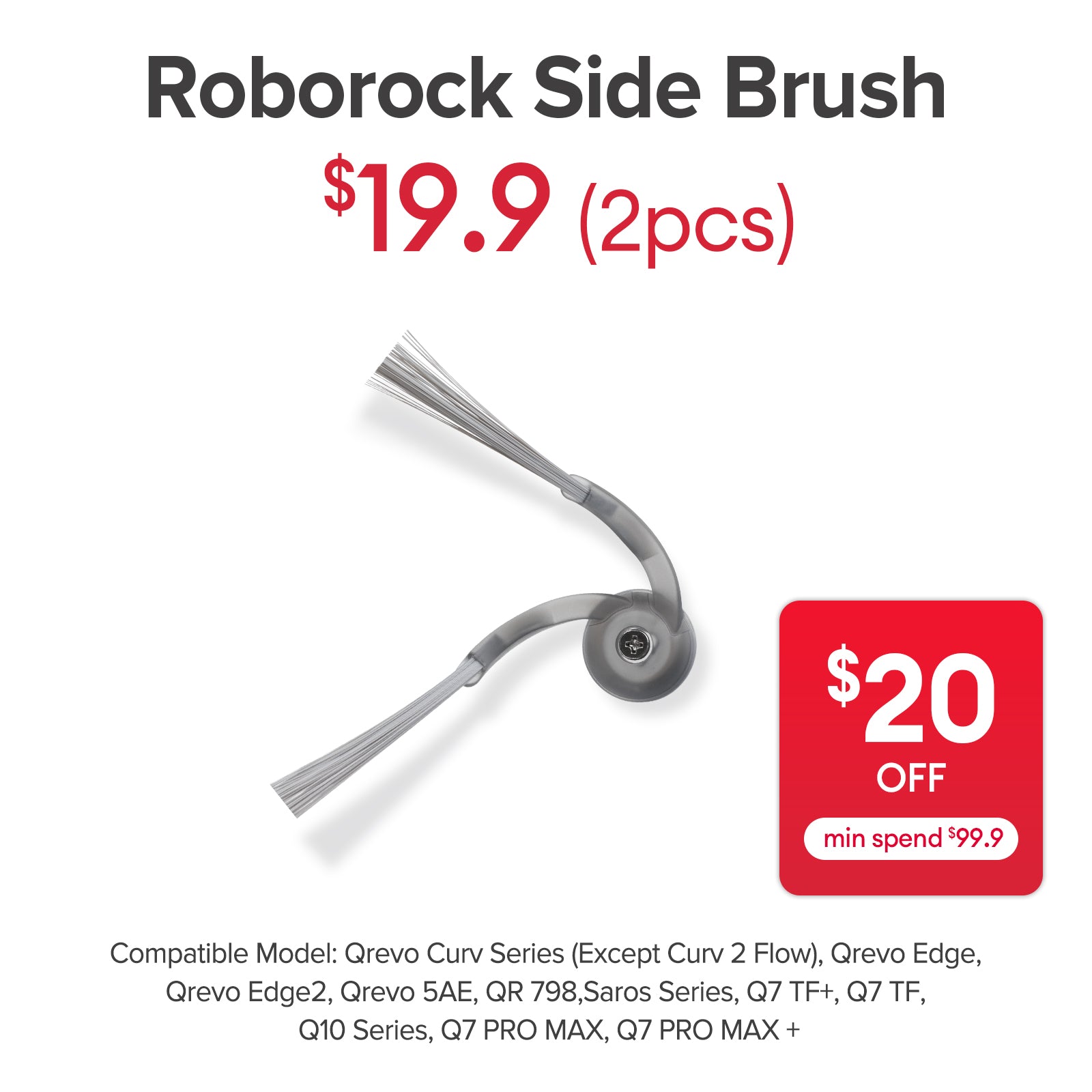 Side Brush for Roborock Qrevo Curv Series (Except Curv 2 Flow), Qrevo Edge, Qrevo Edge 2, Qrevo 5AE, QR 798, Saros Series, Q7 Series, Q10 Series