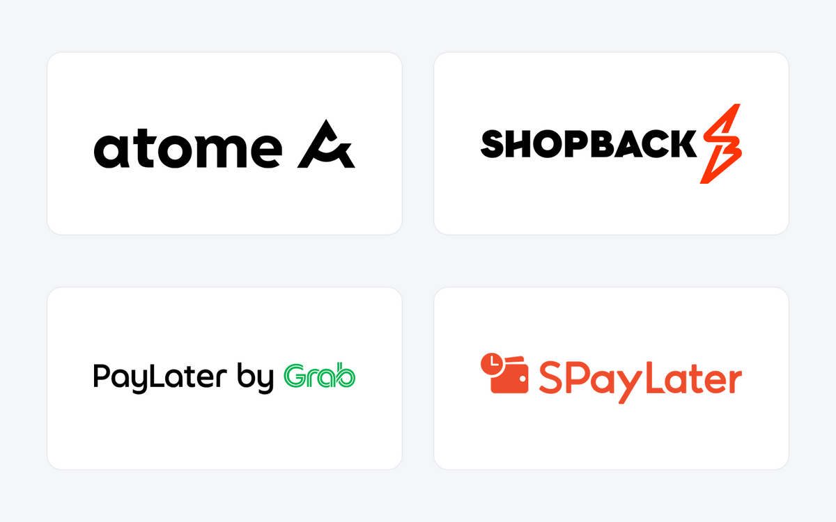 Atome, ShopBack, PayLater by Grab and SPayLater logos