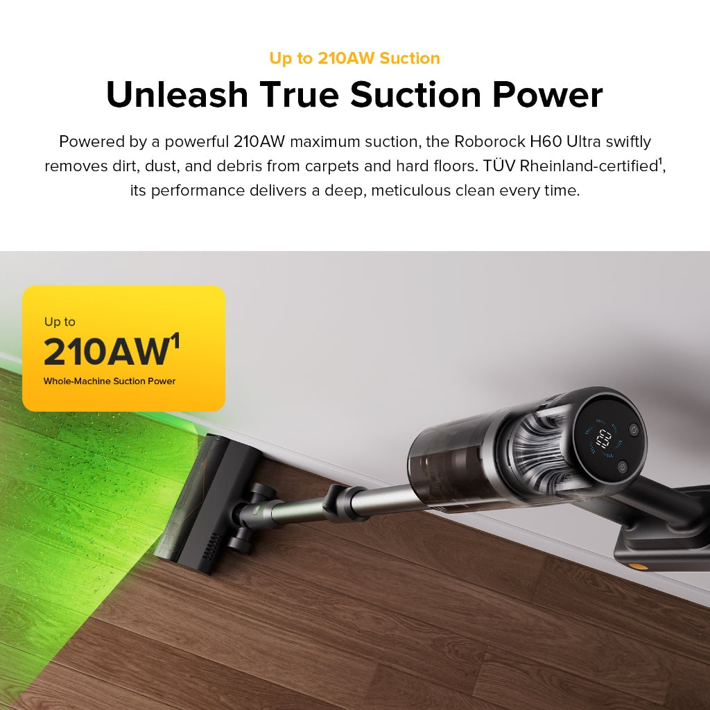 Roborock 210AW Cordless Vacuum Cleaner H60 Ultra | Anti-Tangle | Green Light Dust Detection EU 2 Pin